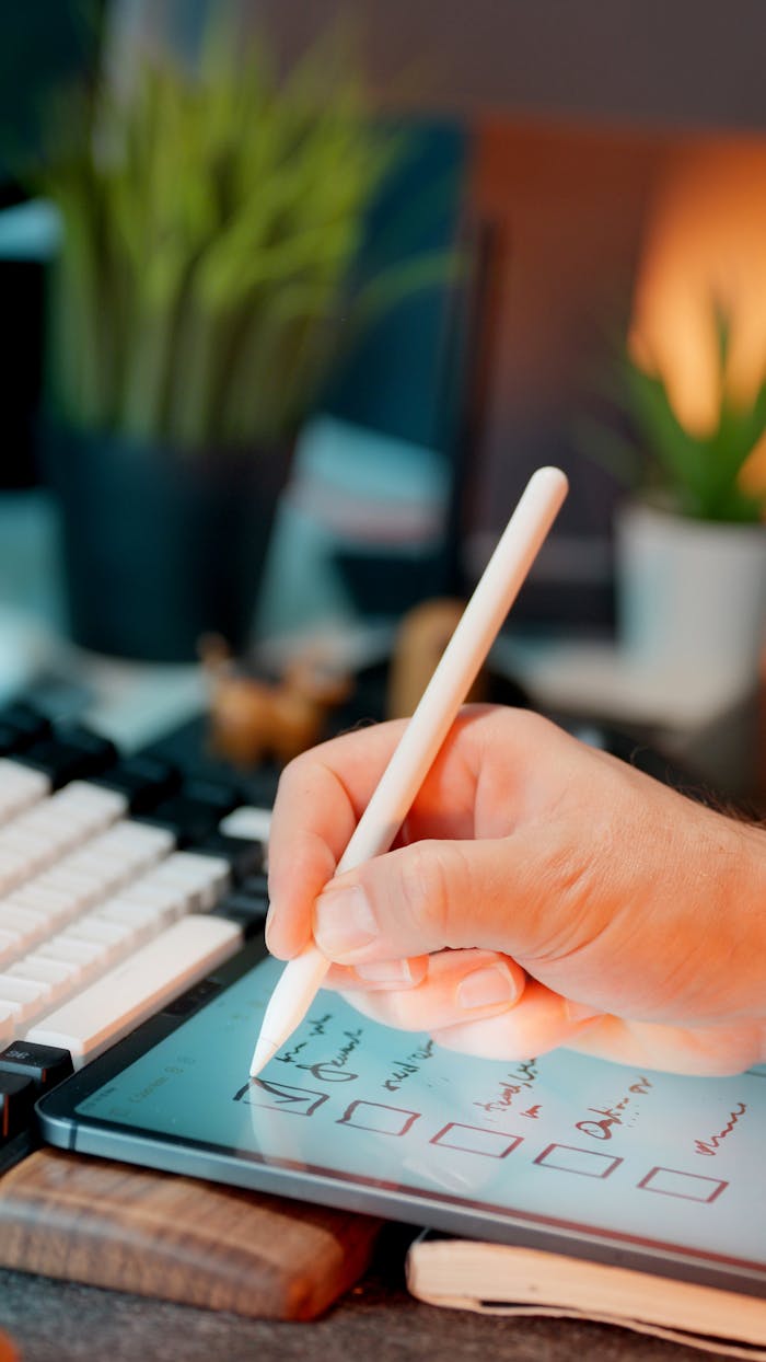 about-img Close-up of hand writing on a digital tablet with a stylus in a modern workspace environment.
