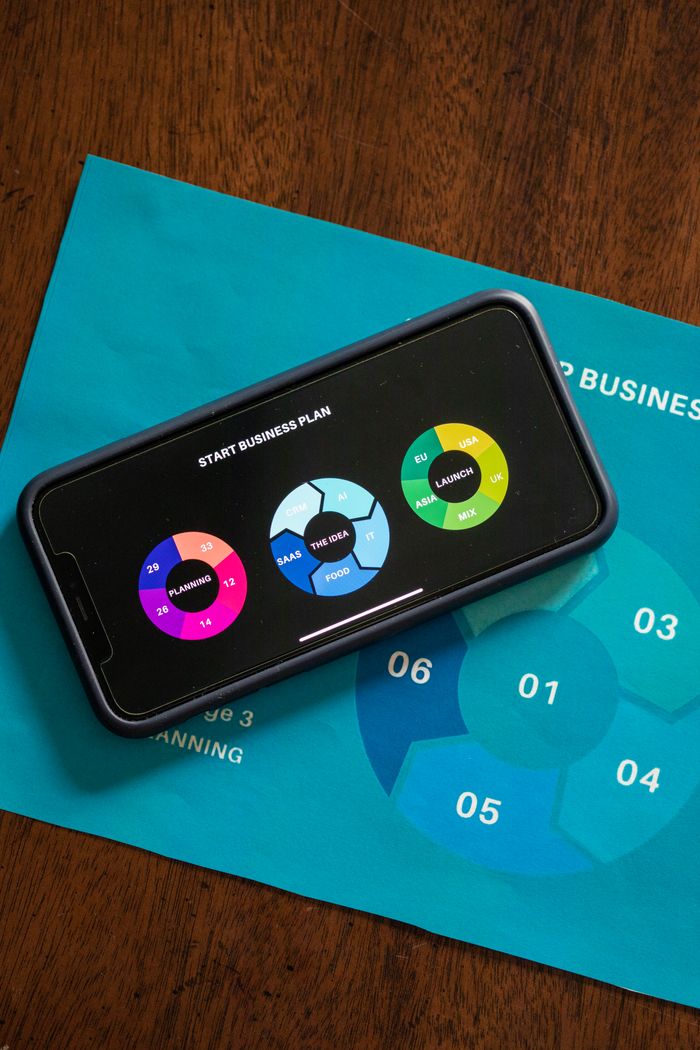 gallery-2 Overhead view of a business plan pie chart on smartphone and document.